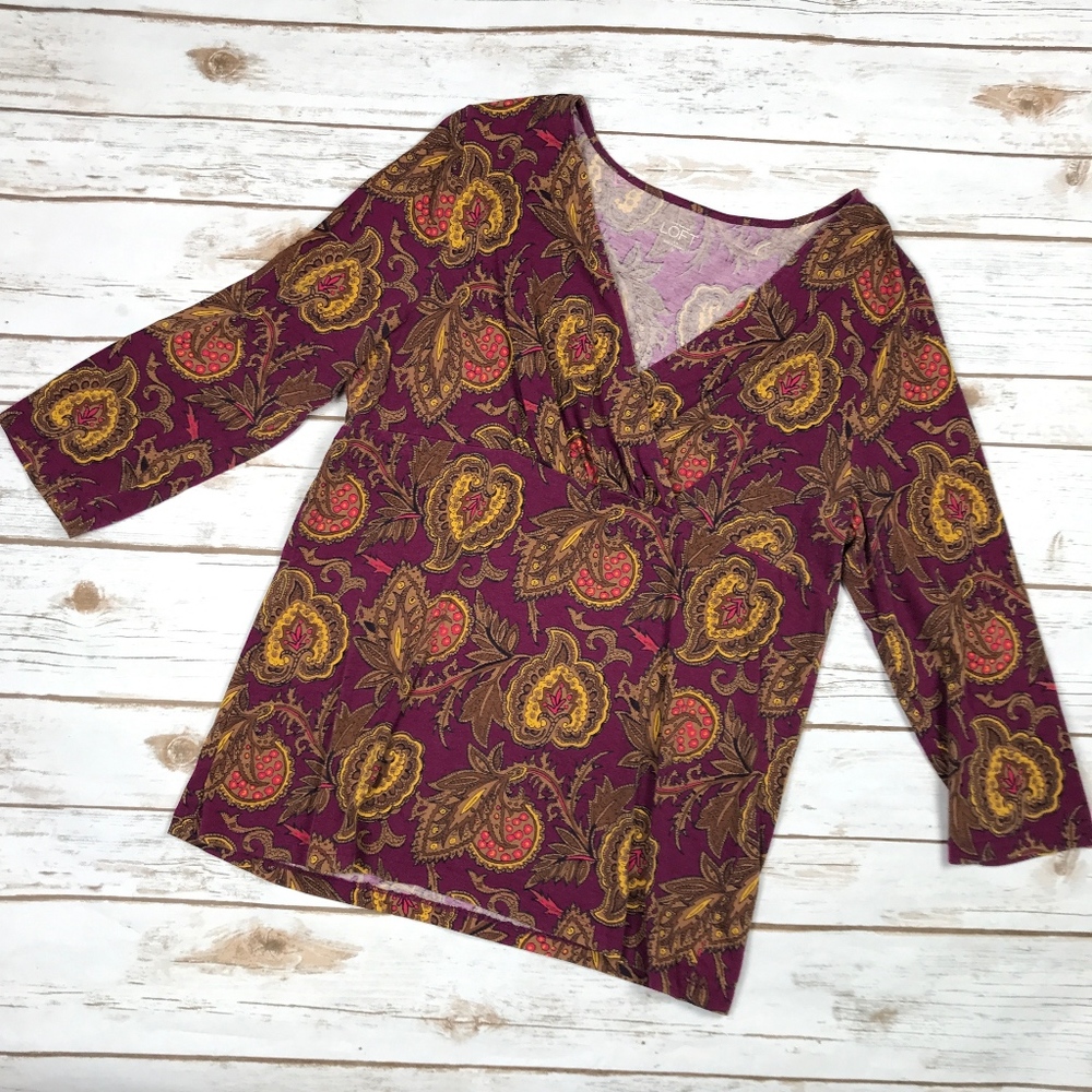 Ann Taylor LOFT Maroon Wine Floral Wrap Top Large